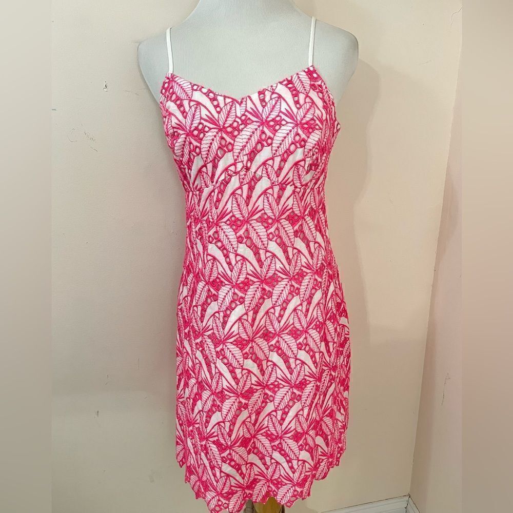 Crown & Ivy Hot Pink and White Embroidered Eyelet Spaghetti Strap Dress 8 NEW